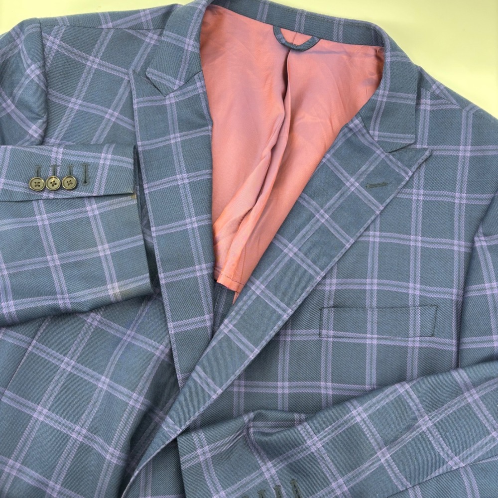 Alton Lane Mens Blazer 52R Blue Purple Plaid 100% Wool Two Button Designer Bold‎